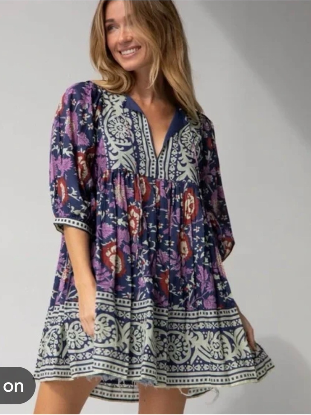 NATURAL LIFE Navy Floral Tunic with Purple & Cream Trim